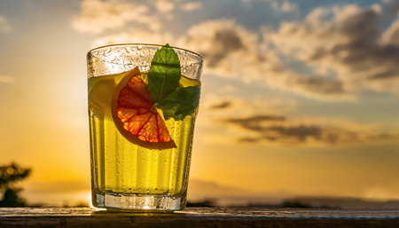 A vibrant, cool beverage in a textured glass, garnished with citrus and mint, stands against a beautiful golden sunset sky filled with clouds. The scene evokes relaxation and summer.の素材