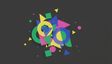 A dynamic arrangement of multi-colored geometric forms including circles, squares, and triangles, appearing to scatter or burst across a deep gray surface. The vibrant yellow, green, blue, and pink elements create a lively, abstract composition.の素材