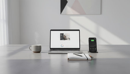 A contemporary and minimalist workspace bathed in natural light. A silver laptop, open and displaying a black and white photograph, sits centrally on a clean light gray desk. To its left, a dark gray ceramic mug suggests a moment of pause or a morning routine. On the right, a black cylindrical smart speaker or personal assistant device stands, indicating modern connectivity. A folded white item, possibly apparel or a textile, with subtle branding, rests near the laptop. The white walls feature a framed piece of abstract art, complementing the serene aesthetic. Sunlight streams in from an unseen window, casting long, geometric shadows across the wall and desk, adding depth and visual interest to the quiet, productive environment. This setup evokes focus, modern living, and digital work.の素材