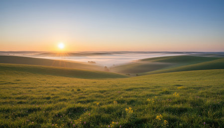 A breathtaking panoramic view captures a peaceful rural landscape during an early morning sunrise. Golden light from the rising sun illuminates the vibrant green fields in the foreground, creating a warm, inviting glow. A thick layer of soft mist or fog blankets the distant valleys and trees, adding a mystical and serene atmosphere to the scene. The clear blue sky above transitions into soft yellow and orange hues near the horizon, reflecting the dawn's light. The rolling terrain suggests a gentle, undulating countryside, perfect for evoking feelings of tranquility, new beginnings, and natural splendor. This beautiful vista showcases the quiet charm of nature awakening.の素材