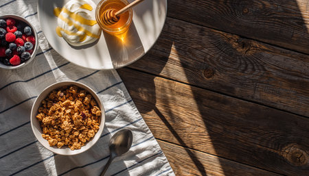 Overhead perspective of a vibrant breakfast arrangement featuring a bowl of crunchy granola, a bowl of mixed fresh berries (raspberries, blueberries), a plate with creamy yogurt and golden honey, and a silver spoon. These items are presented on a light-colored, textured cloth, set upon a rustic wooden surface. Strong, dappled shadows from natural sunlight create a warm, inviting atmosphere, highlighting a wholesome morning meal.の素材