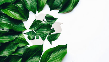 A flat lay composition featuring numerous vibrant green leaves meticulously arranged to form the universally recognized recycling symbol. The symbol is prominently displayed on the left side of a clean, bright white background, leaving substantial negative space on the right. The leaves exhibit natural textures and subtle variations in shade, conveying freshness and ecological consciousness. This arrangement visually represents environmental protection and sustainability.の素材