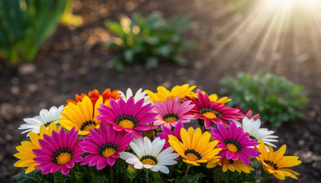 A vibrant cluster of colorful daisy-like flowers, possibly Gazanias, blooming brightly in an outdoor garden. The petals display a beautiful mix of pink, magenta, yellow, orange, and white hues. Dark soil serves as the ground, with soft green foliage subtly blurred in the background. Bright sunlight streams from the upper right, casting visible rays and adding a warm, cheerful glow to the scene. This captures the essence of a sunny spring or summer day, showcasing nature's beauty and vibrant plant life.の素材