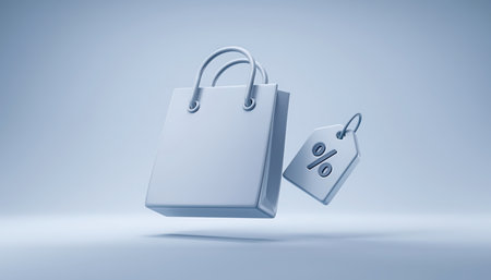 A clean, bright 3D render featuring a white shopping bag and a floating price tag with a percentage symbol, set against a light blue background. This composition visually represents concepts of online shopping, retail sales, promotions, and e-commerce transactions. The minimalist design emphasizes a modern and digital purchasing experience.の素材