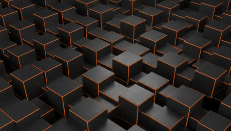 A close-up view of an intricate abstract background featuring a grid of dark, geometric cubic forms. Some cubes are elevated, creating a dynamic three-dimensional surface with depth. Subtle warm orange light emanates from the crevices and edges between the interlocking blocks, casting a captivating glow. The metallic texture of the cubes adds to a modern, technological, and futuristic aesthetic, making it suitable for various digital and industrial design projects.の素材