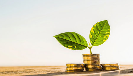 A vibrant green plant, a young seedling with two distinct leaves, is depicted emerging from a neat stack of shiny gold coins. Additional gold currency pieces are arranged around the base of the coin stack on a subtly textured, light brown surface. The background is a soft, bright, and uncluttered white or light grey, serving to highlight the central subjects. This visual metaphor powerfully represents concepts such as financial development, increasing wealth, successful investments, savings accumulation, and overall prosperity. It effectively conveys themes of growth, new beginnings in finance, and sustainable economic practices.の素材