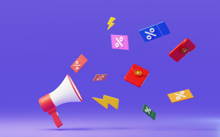 E-commerce shopping loudspeaker promotion discounts, special offers and cashback activitiesの写真素材