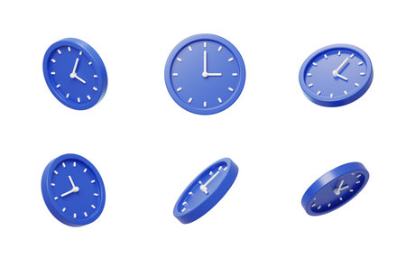 Blue wall clock set isolated over the white background, set of nine different foreshortenings