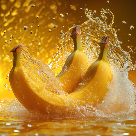 Bananas splashing in water on yellow background, close-upの素材