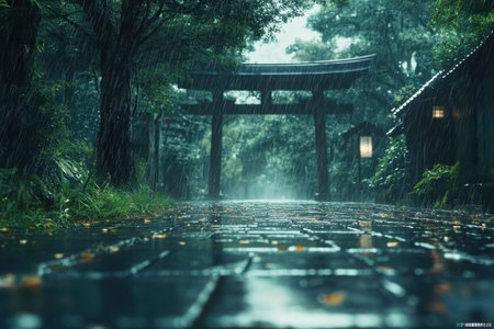 Rainy day in the garden, Japanese temple in rainy season.の素材