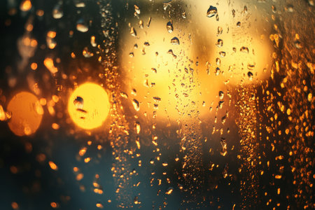 Rain drops on window glass with bokeh lights background, close-upの素材