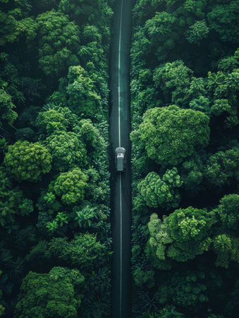 Aerial view of a car driving on a road in the forestの素材