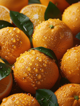 Tangerines with green leaves and water drops, close-upの素材