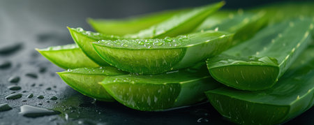 Fresh aloe vera leaves with water drops on black background.の素材