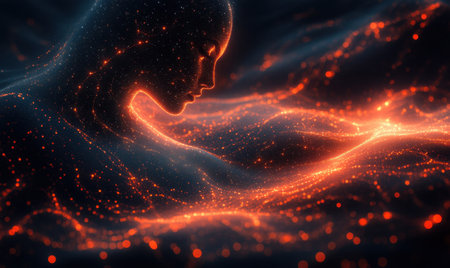 3D rendering of abstract digital landscape with glowing particles. Futuristic shape with depth of field and bokeh. 3d renderの素材