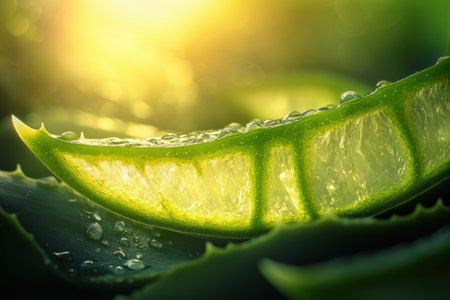 Aloe vera plant with dew drops close up. Natural backgroundの素材
