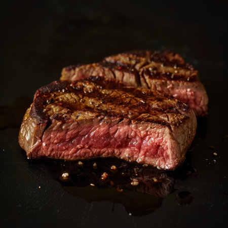 grilled beef steak on a black background. tinting. selective focusの素材