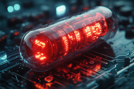 Electronic circuit board with red led light. 3d illustration.の素材