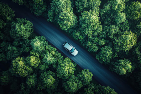 Aerial view of a car driving on the road in the forestの素材