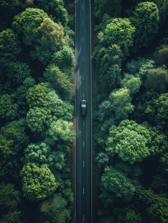 Aerial view of a road in the middle of the forest.の素材