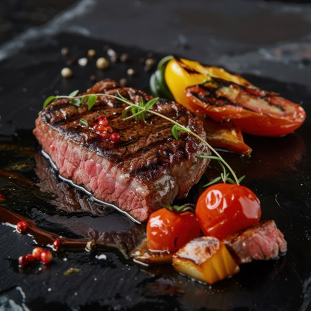 Grilled beef steak with vegetables and spices on a black background.の素材