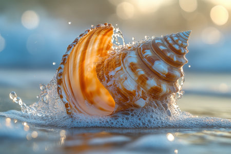 Seashell on the beach with bokeh background, close upの素材