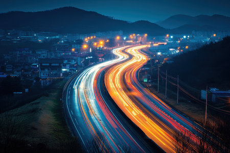Light trails on the highway at night in Seoul, South Korea.の素材