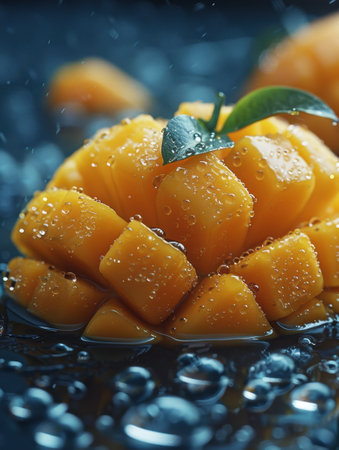 Mango slices with water drops on a dark background. Close up.の素材