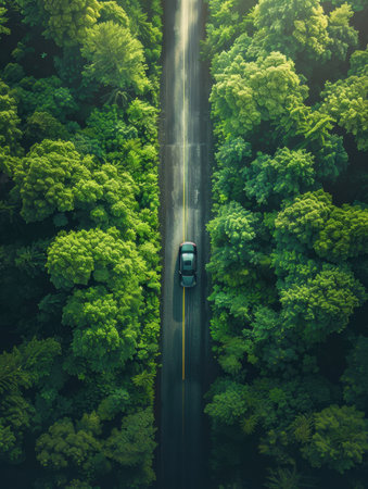 Aerial view of car driving on the road in the forest.の素材