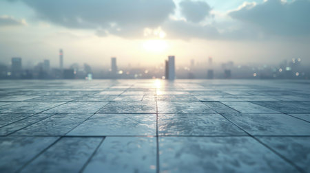 Empty floor with cityscape background. 3d rendering. Mock up.の素材