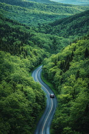 Winding road in the forest. Car driving on the road.の素材
