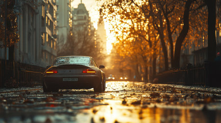Cars on the city street during a heavy rain at sunset.の素材