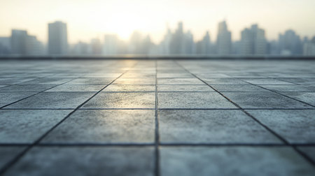 Empty tiled floor with cityscape background. 3d rendering.の素材