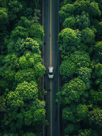 Aerial view of car driving on the road among the forest.の素材
