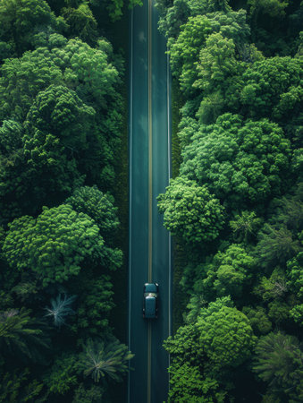 Aerial view of a car driving on the road in the forestの素材