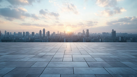 Empty square floor and modern city skyline with buildings in Hangzhou at sunsetの素材
