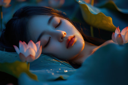 Portrait of beautiful asian woman sleeping on lotus flower.の素材