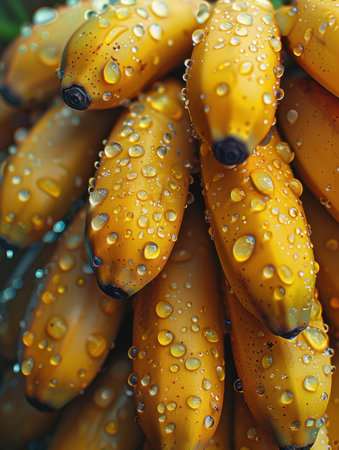 Bunch of bananas with water drops. Close up. Selective focus.の素材