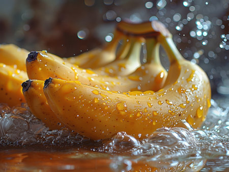 Bananas with water drops on a dark background. Selective focus.の素材