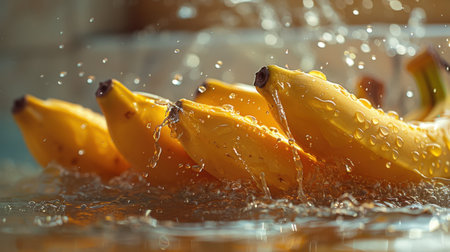 Bananas in water splash, close up. Healthy food concept.の素材