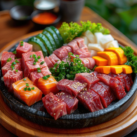 Sashimi and sashimi in black plate on wooden tableの素材