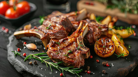 Grilled lamb chops with rosemary and spices on a dark backgroundの素材