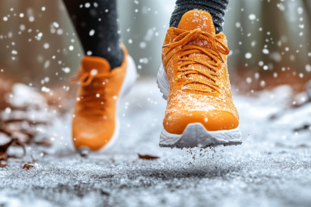 Close up of woman's legs in warm sport shoes running in snowy forestの素材