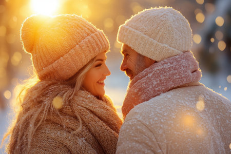 happy couple in winter clothes hugging and looking at each other at sunsetの素材