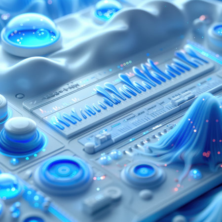 3d rendering of sound mixer in blue color with some bubbles in itの素材