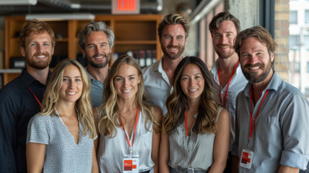 Portrait of happy business team standing together in a row at officeの素材