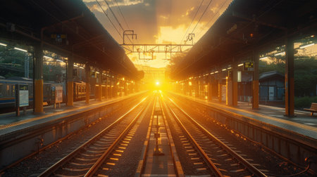 Railway station at sunset. Railway station at sunrise. Railway station at sunsetの素材