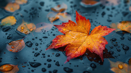 Autumn maple leaf with water drops on dark background. Autumn conceptの素材