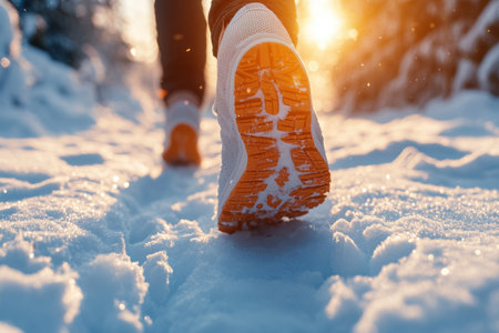 Closeup of running shoes in the snow in winter forest. Healthy lifestyle concept.の素材