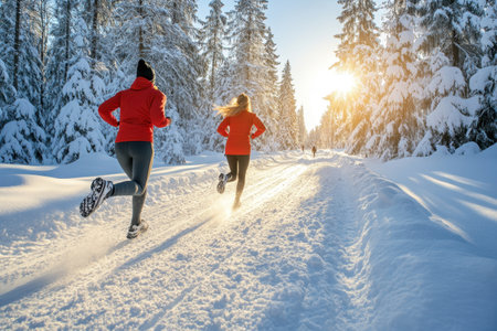 Two women running in the winter forest. Healthy lifestyle and fitness concept.の素材